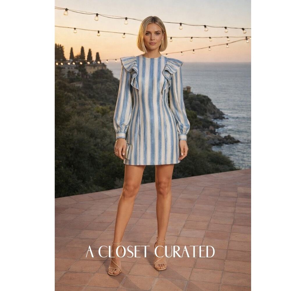 Alberta Ferretti Silk Metallic Mini Dress 2 Silver Blue NWT